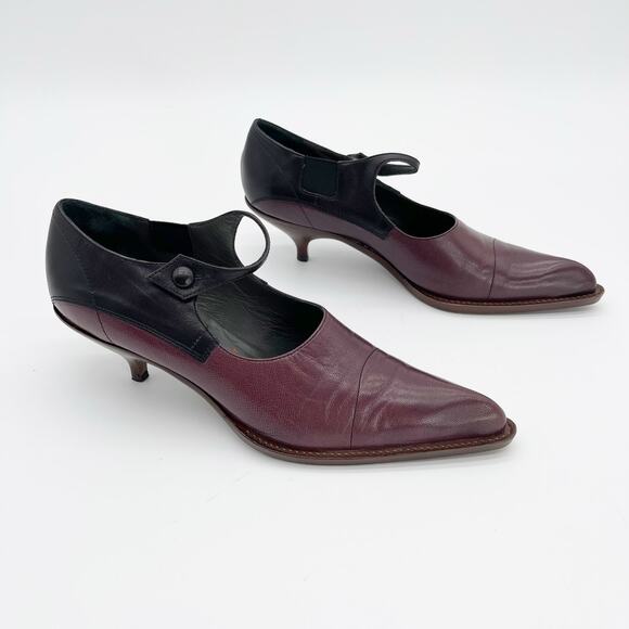 Miu Miu Shoes - Miu Miu 90s Vintage Burgundy Black Leather Mary Jane Kitten Heel Pumps IT 37.5